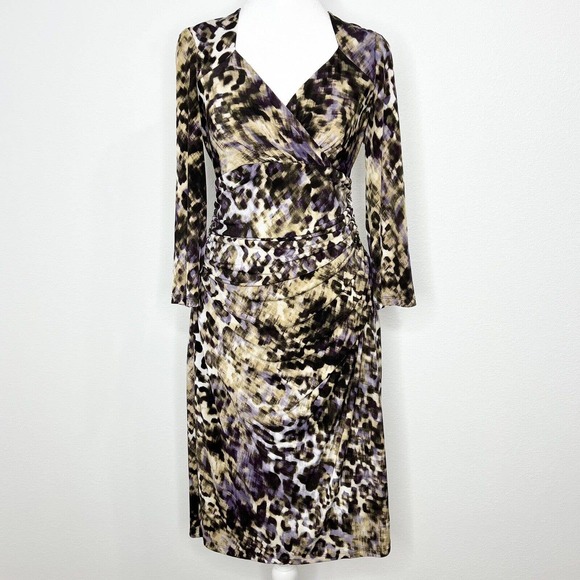 LAUREN Ralph Lauren Brown & Purple Leopard V-Neck 3/4 Sleeve Ruched Dress Sz 10 - Picture 11 of 11